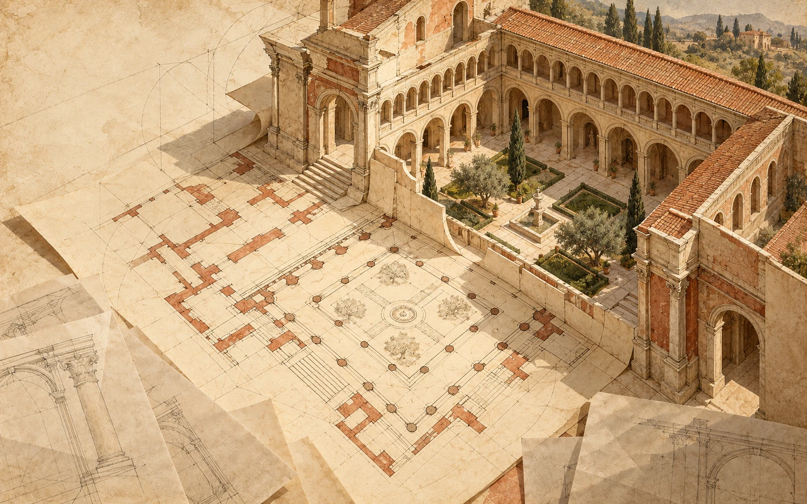 An architectural plan unfolding into an ordered courtyard
