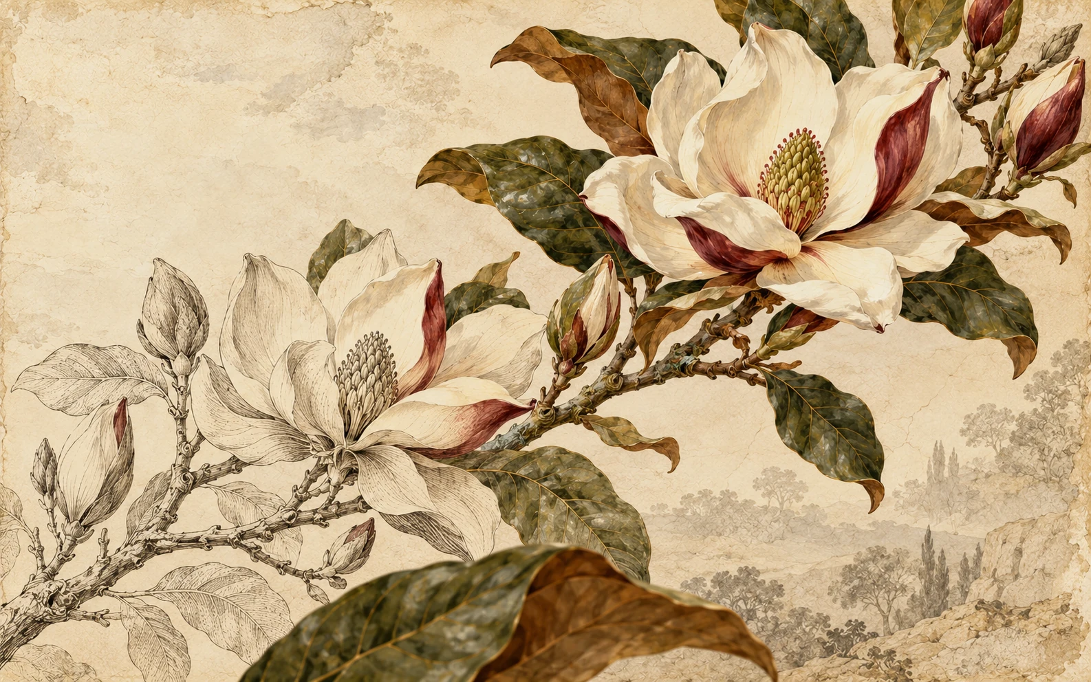 A botanical study with branching structures and finely detailed leaves