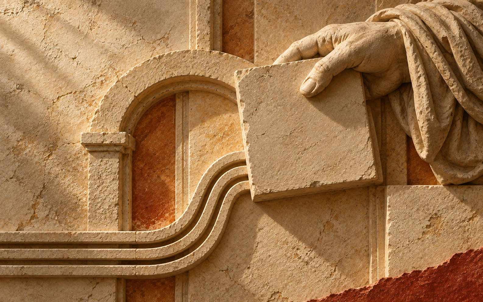 A carved relief showing hands and human forms shaping an organized structure