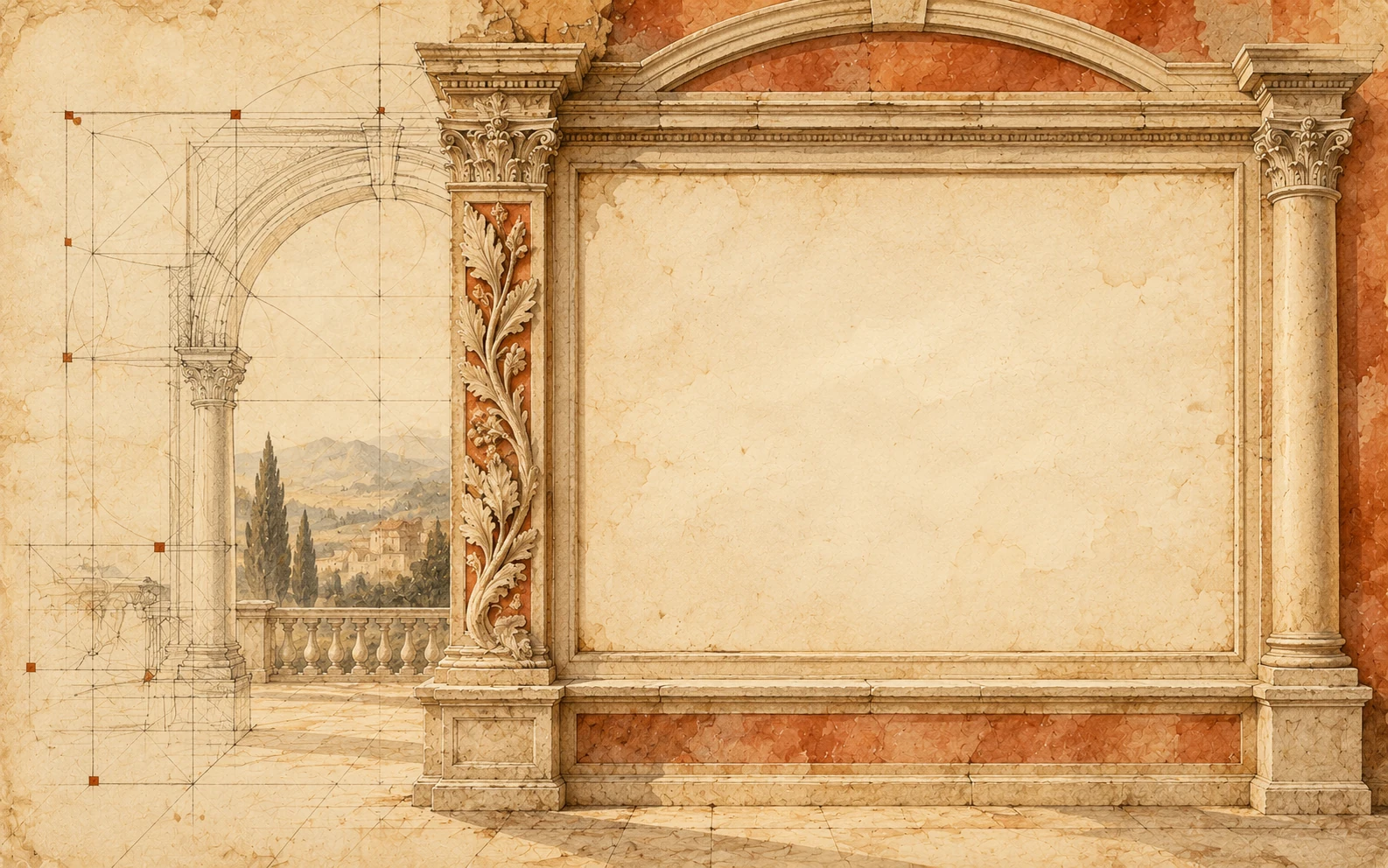 An architectural frame completed from a drawing