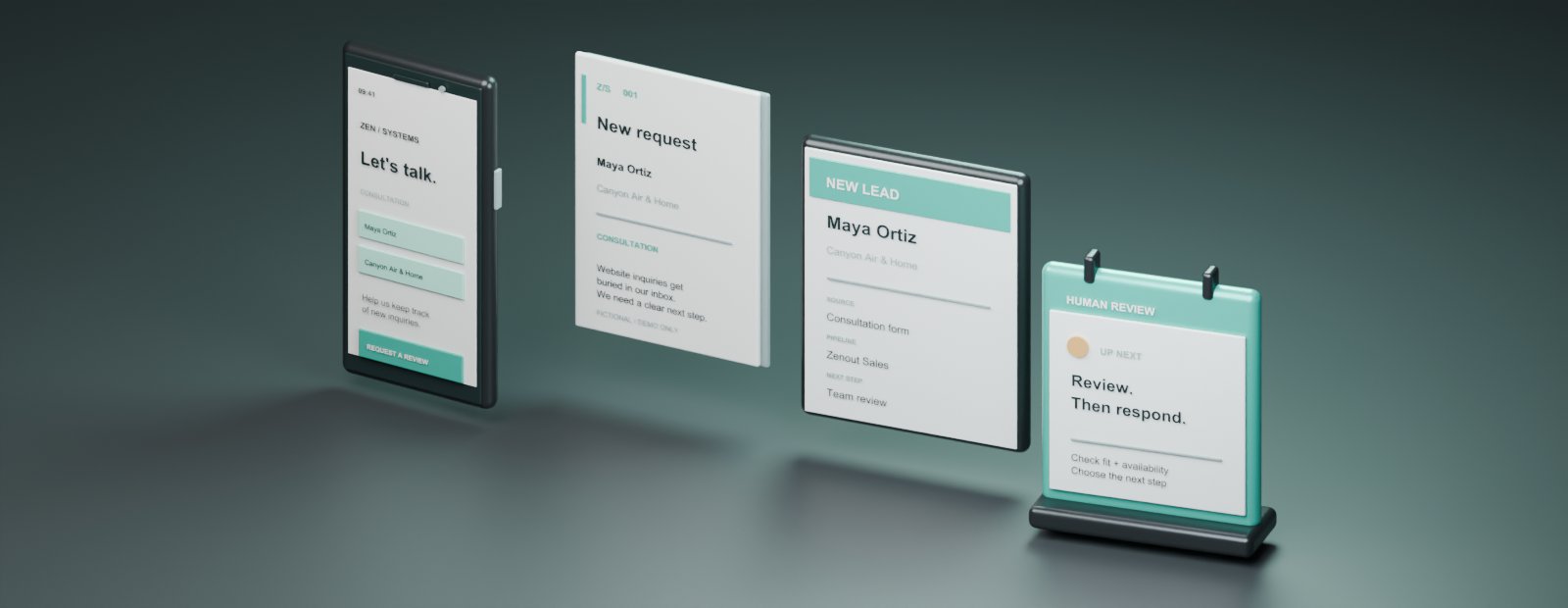 Original Blender objects: a phone, consultation request, organized lead record, and teal human-review calendar.