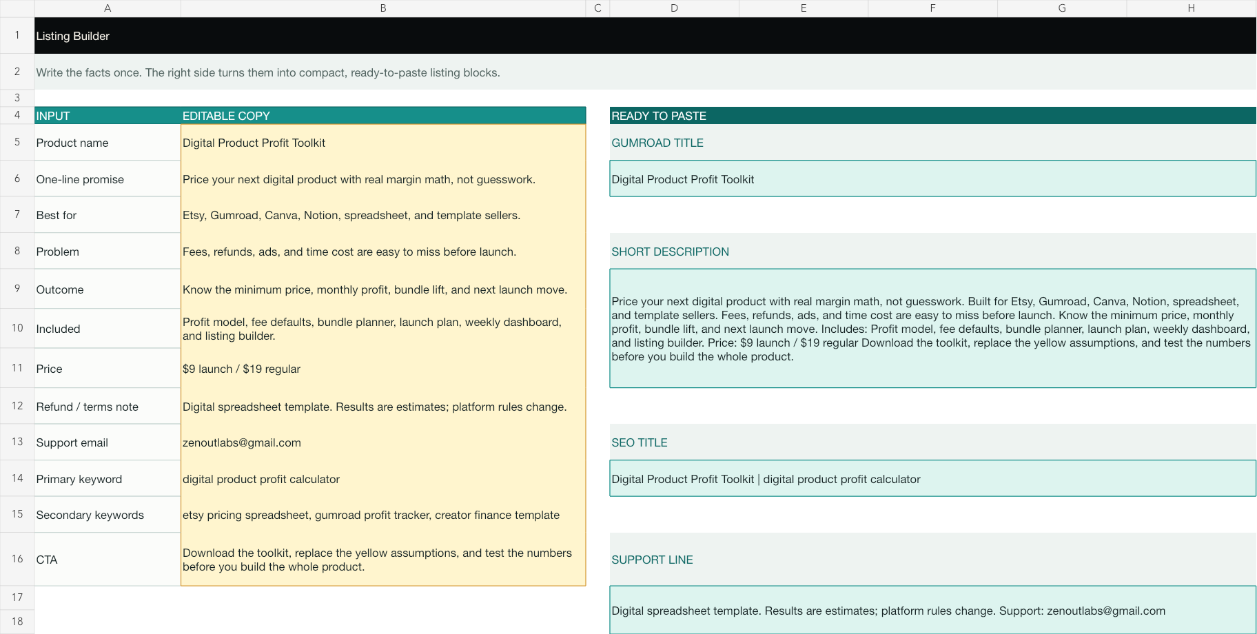 Listing Builder spreadsheet with editable product facts and generated copy