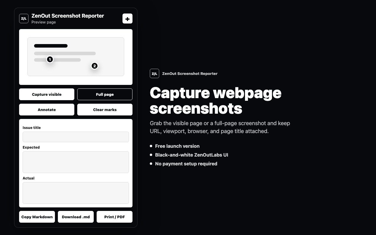 ZenOut Screenshot Reporter capture interface preview